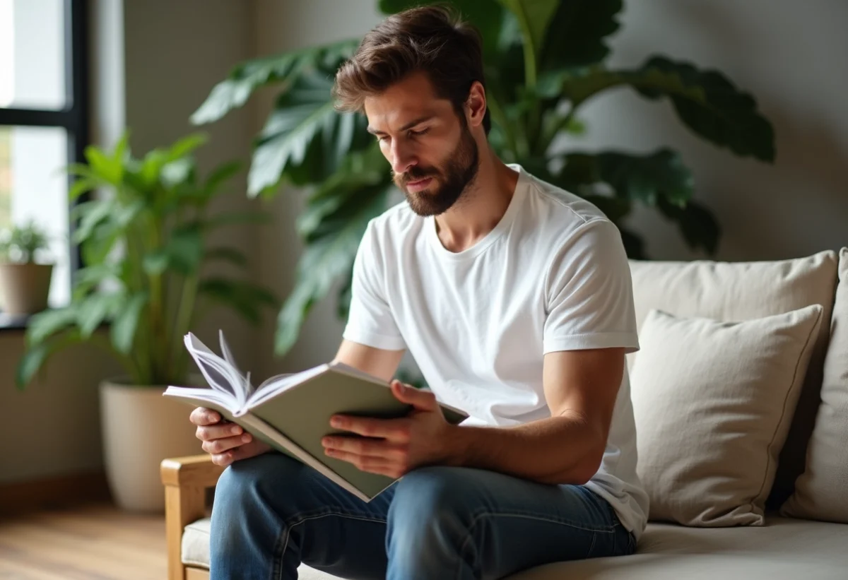 Homme détendu en coton bio dans un loft moderne