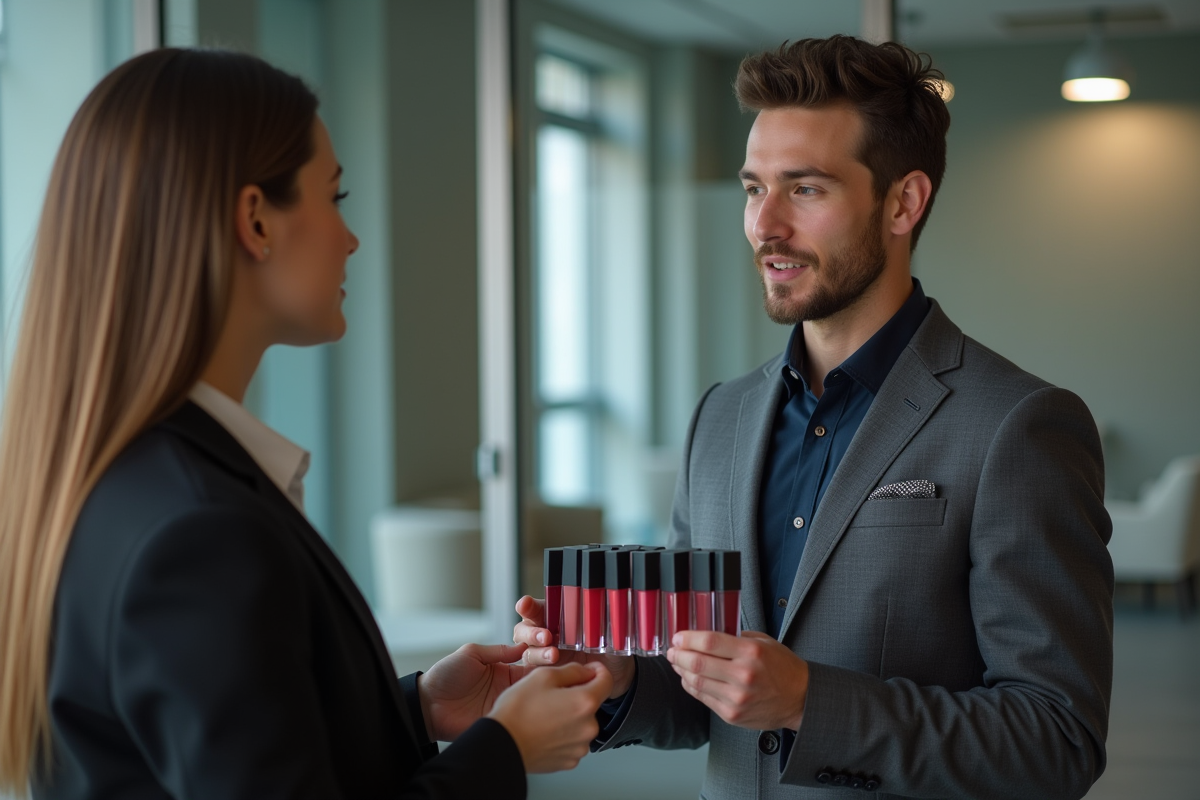 Homme professionnel discutant de rouges à lèvres au bureau