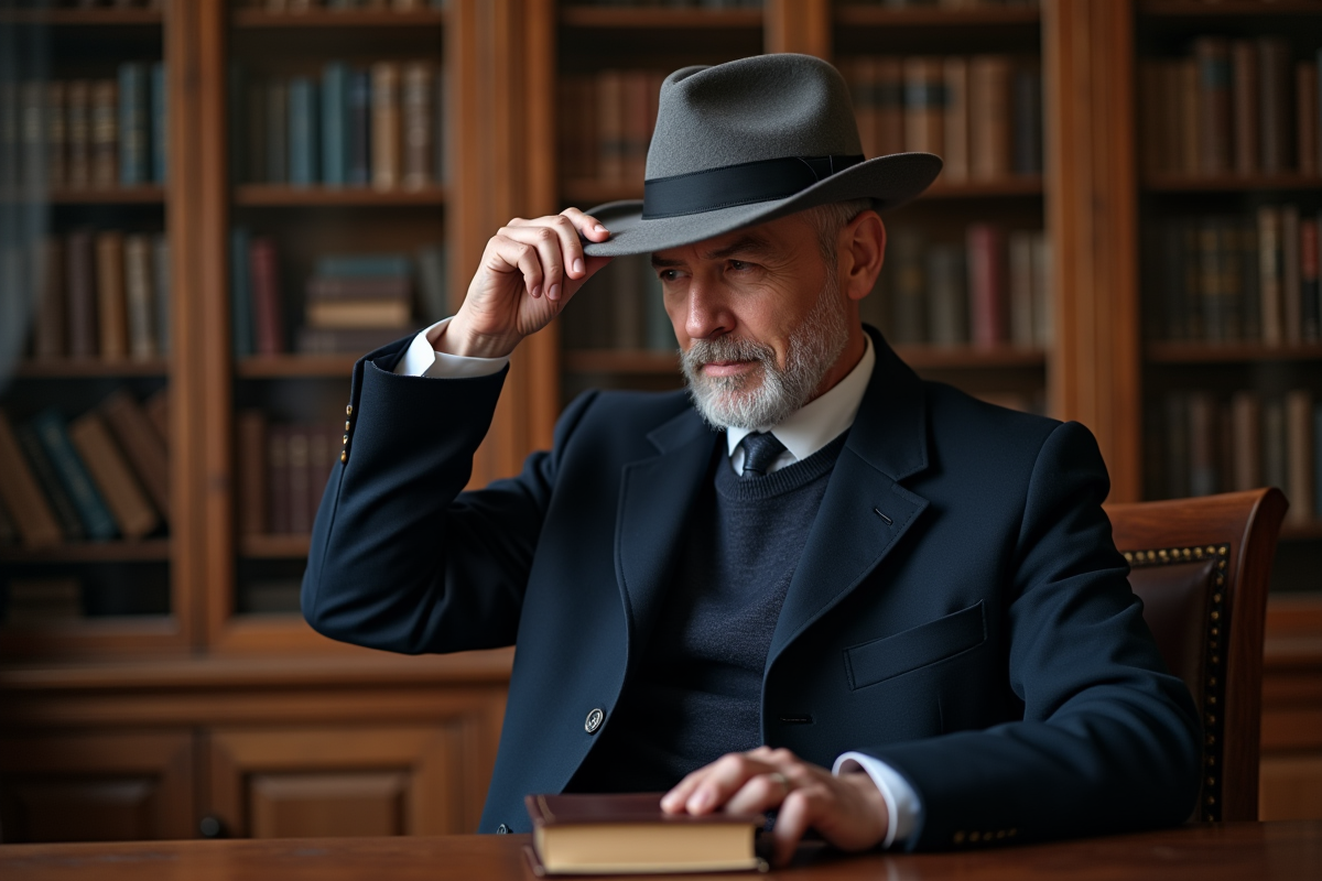 Homme en chapeau Panama dans une bibliothèque