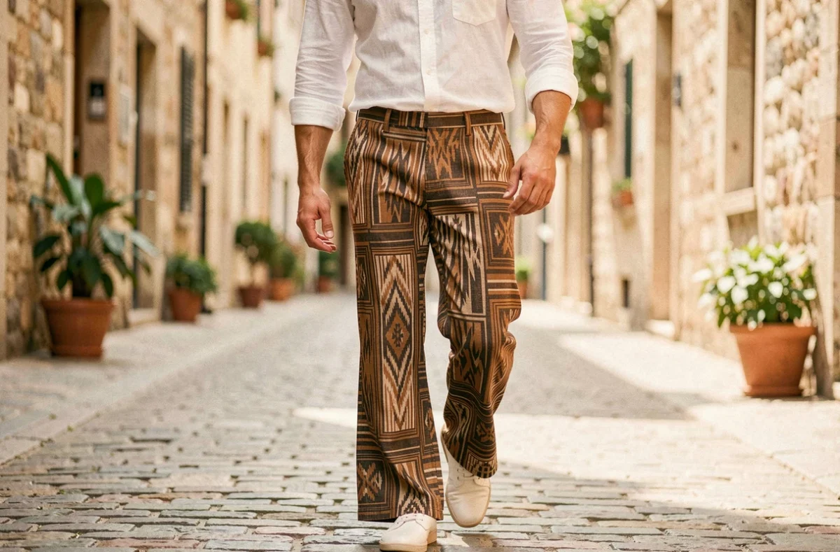 Homme portant un pantalon patte d'éléphant imprimé à motif géométrique dans une rue pavée européenne