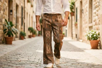 Homme portant un pantalon patte d'éléphant imprimé à motif géométrique dans une rue pavée européenne