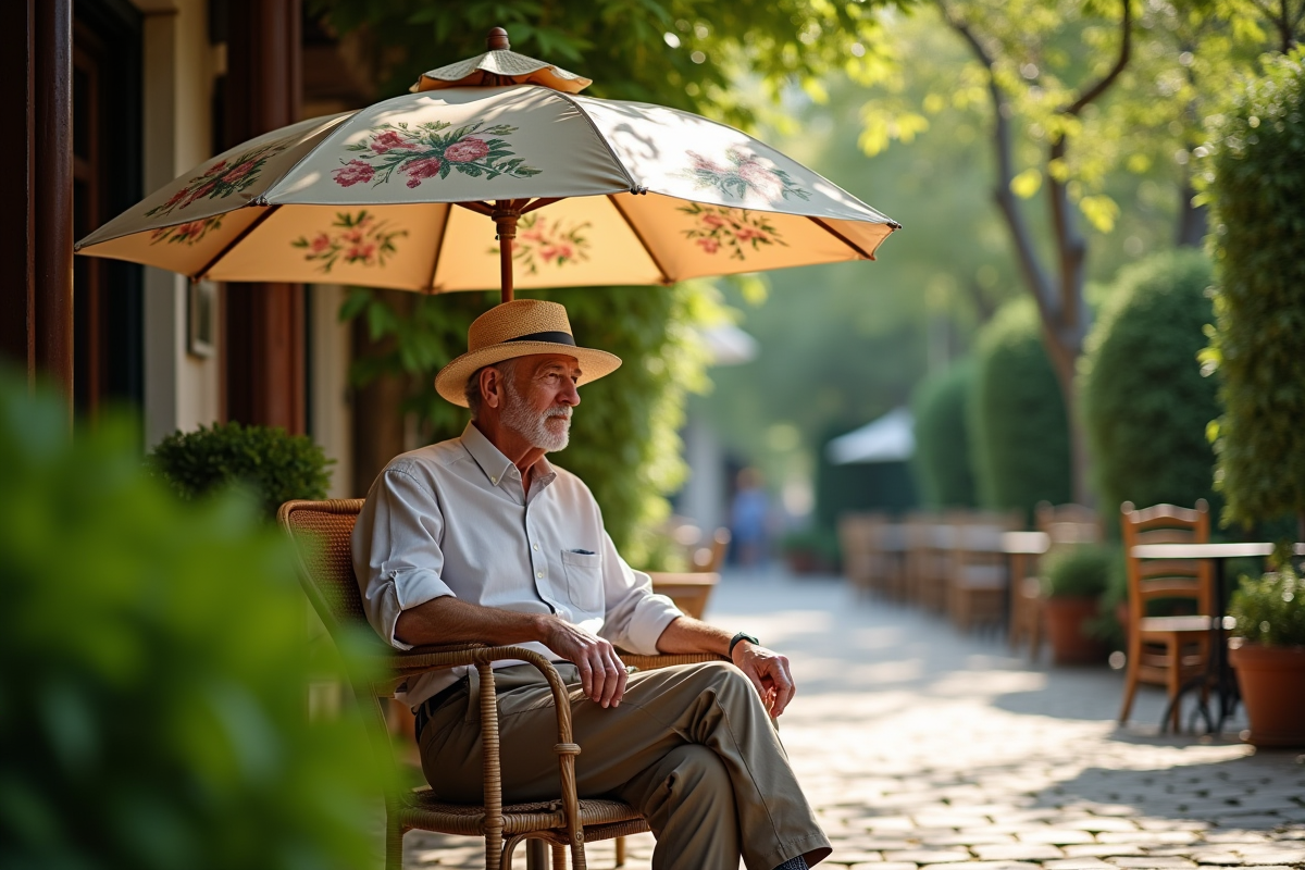 Homme retraité avec parasol fleuri dans un café jardin