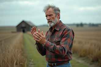 Homme d'âge moyen faisant un geste mystérieux dans la campagne
