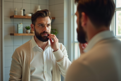 Homme en miroir avec barbe soignee et routine matinale