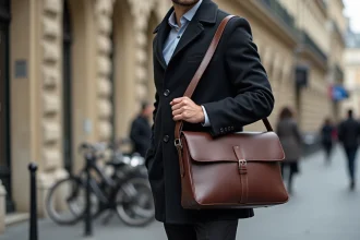 Homme élégant ajustant un sac en cuir à Paris