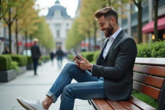 Homme élégant en blazer dans un parc urbain