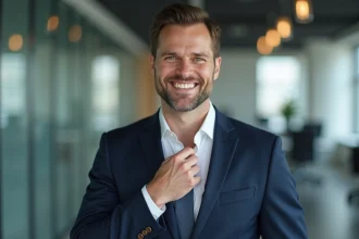 Homme en costume ajusté souriant dans un bureau moderne
