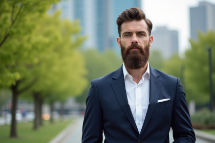 Homme élégant en costume dans un parc urbain