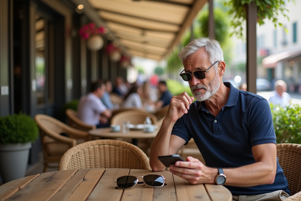 Homme essayant des lunettes dans un café en terrasse