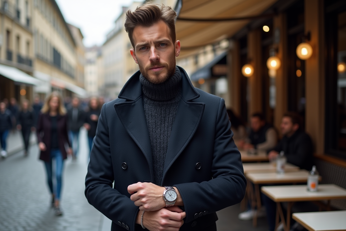Homme en manteau dans un café parisien animé