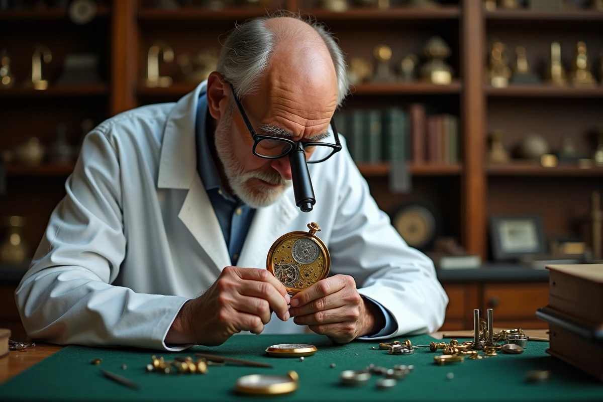 Horloger indépendant examinant une montre de luxe tourbillon avec une loupe dans son atelier traditionnel