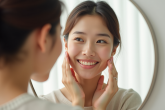 Jeune femme souriante appliquant un maquillage naturel devant un miroir
