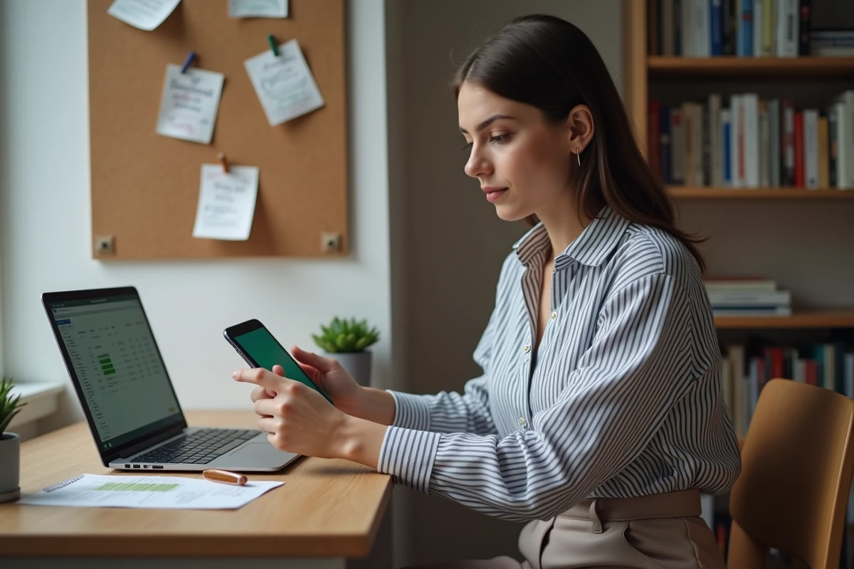 Jeune femme française travaillant sur son budget personnel avec un ordinateur portable et une application de finances dans son appartement
