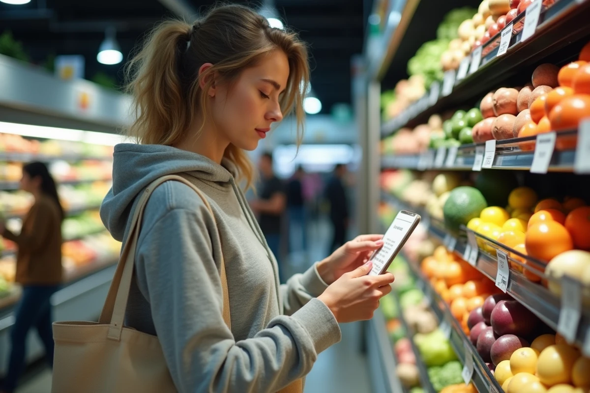 Jeune Française qui compare les prix dans un supermarché pour faire des économies sur ses courses alimentaires