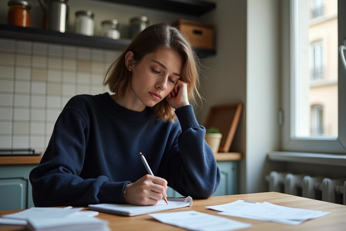 Jeune femme française qui gère son budget à la maison en consultant ses factures et son carnet de comptes sur une table de cuisine