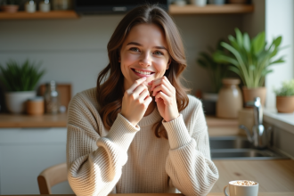 Jeune femme appliquant un baume à lèvres naturel