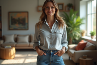 Femme souriante en jean haut taille dans un salon lumineux
