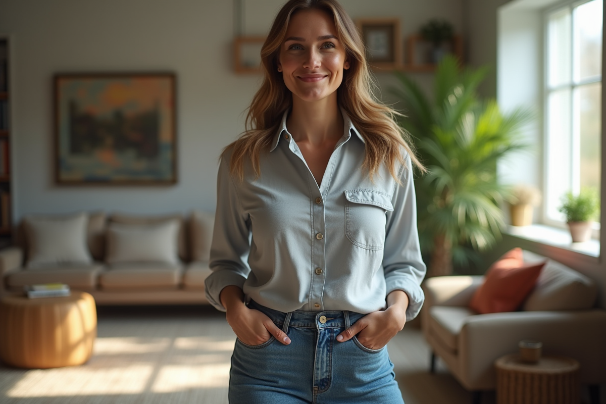 Femme souriante en jean haut taille dans un salon lumineux