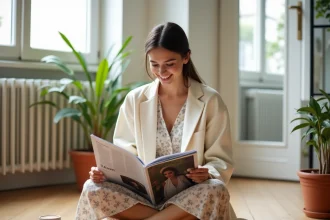 Jeune femme élégante de vingt-cinq ans lisant un magazine de mode dans un appartement parisien chaleureux, assise sur un parquet en bois clair