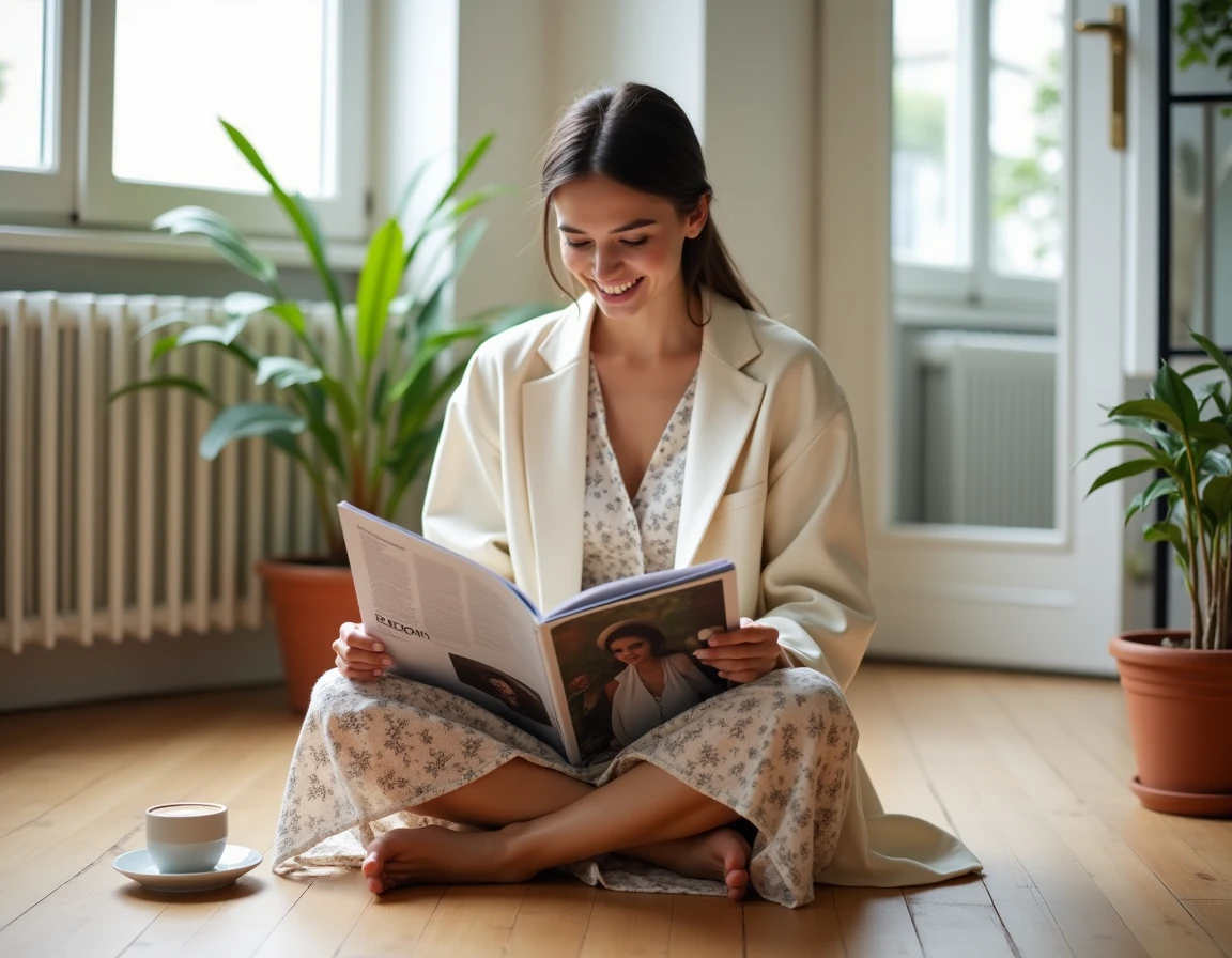 Jeune femme élégante de vingt-cinq ans lisant un magazine de mode dans un appartement parisien chaleureux, assise sur un parquet en bois clair