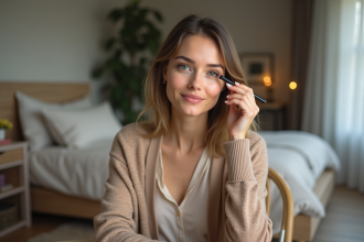 Jeune femme appliquant un maquillage mauve dans un intérieur moderne