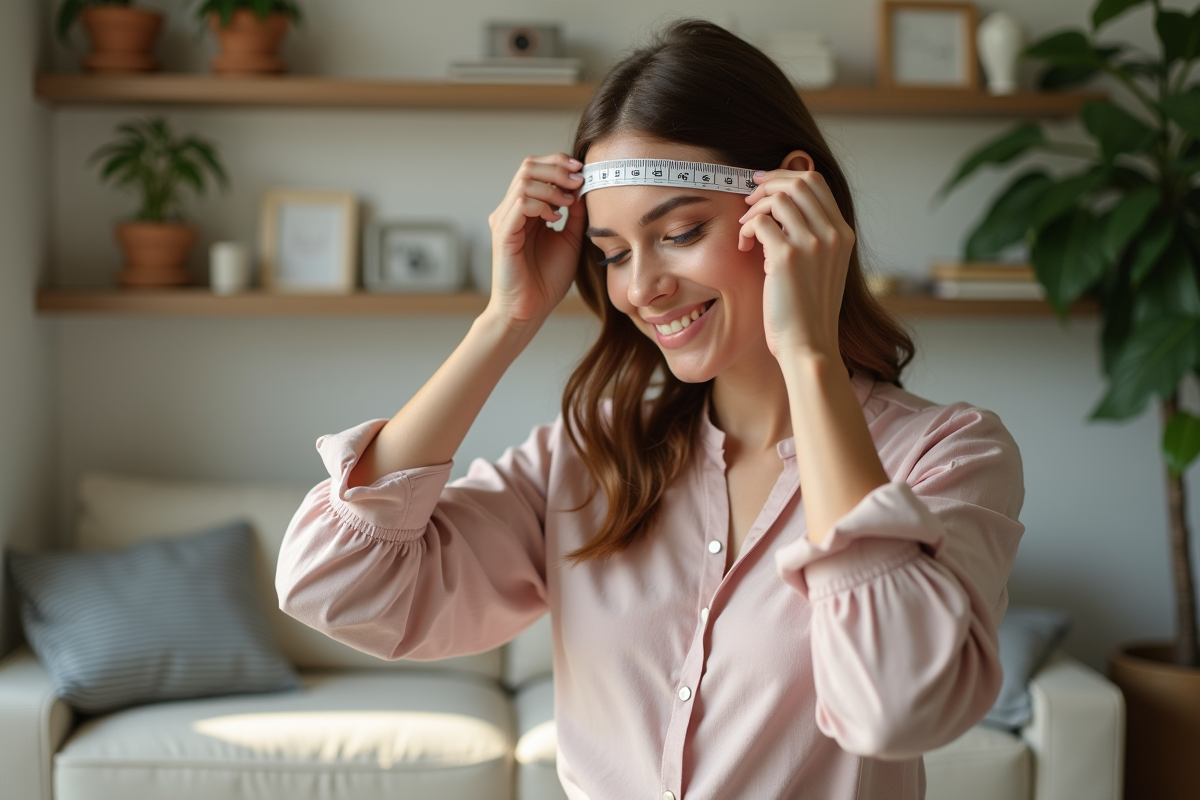 Jeune femme mesurant sa tête avec un ruban dans un intérieur cosy
