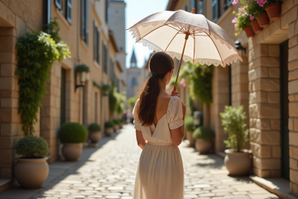 Jeune femme en robe linen avec parasol dans un village français