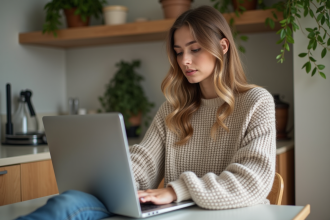 Jeune femme en streetwear faisant du shopping en ligne