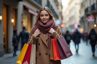 Jeune femme élégante avec sacs à Madrid en hiver