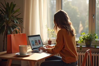 Jeune femme moderne utilisant son ordinateur pour shopping Shein dans un appartement lumineux en Belgique