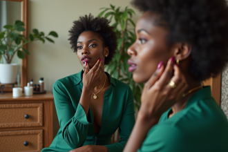 Jeune femme noire appliquant rouge à lèvres prune dans sa chambre