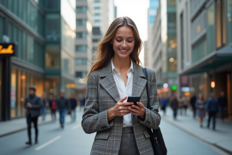 Jeune femme stylée dans la ville en tenue tendance