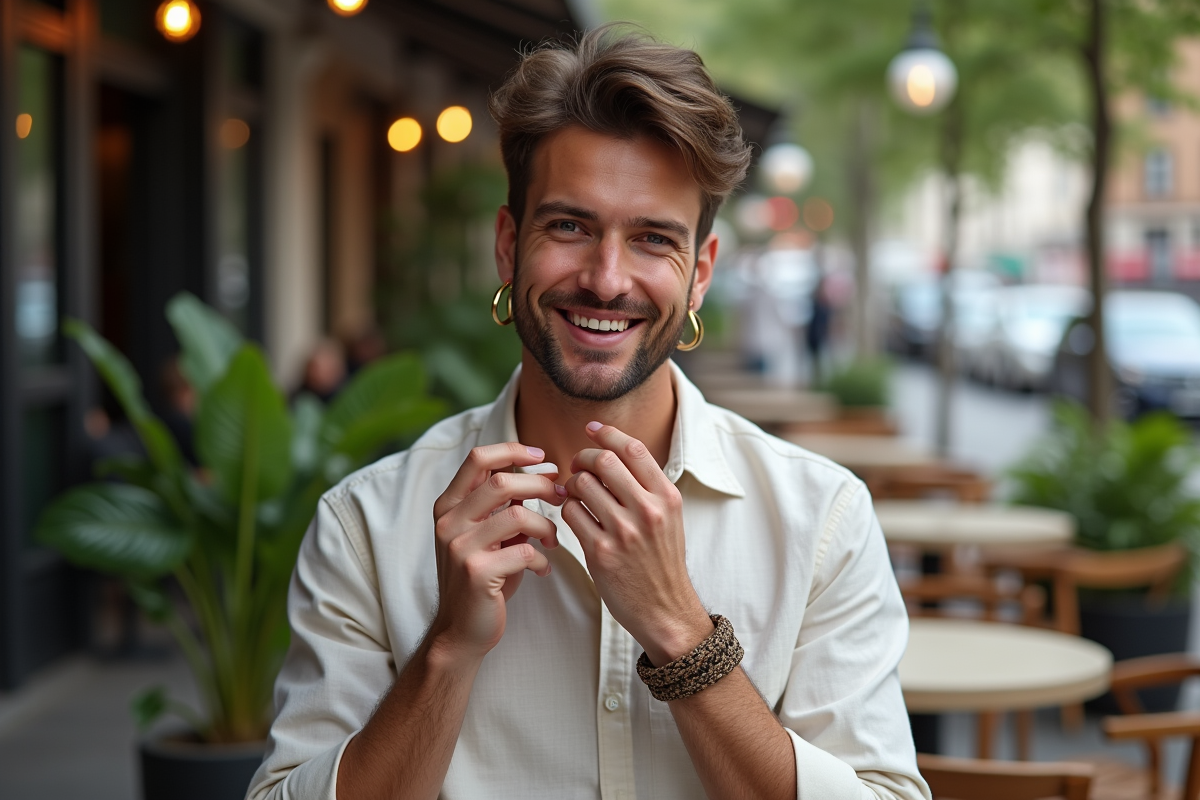 Jeune homme ajustant ses boucles d