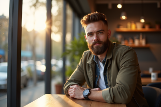 Jeune homme élégant avec barbe dans un café moderne en ville