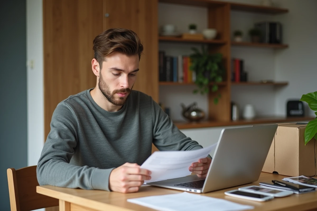 Jeune homme vérifiant documents dans sa cuisine belge