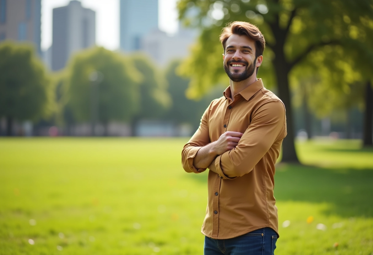 Jeune homme en coton bio dans un parc urbain