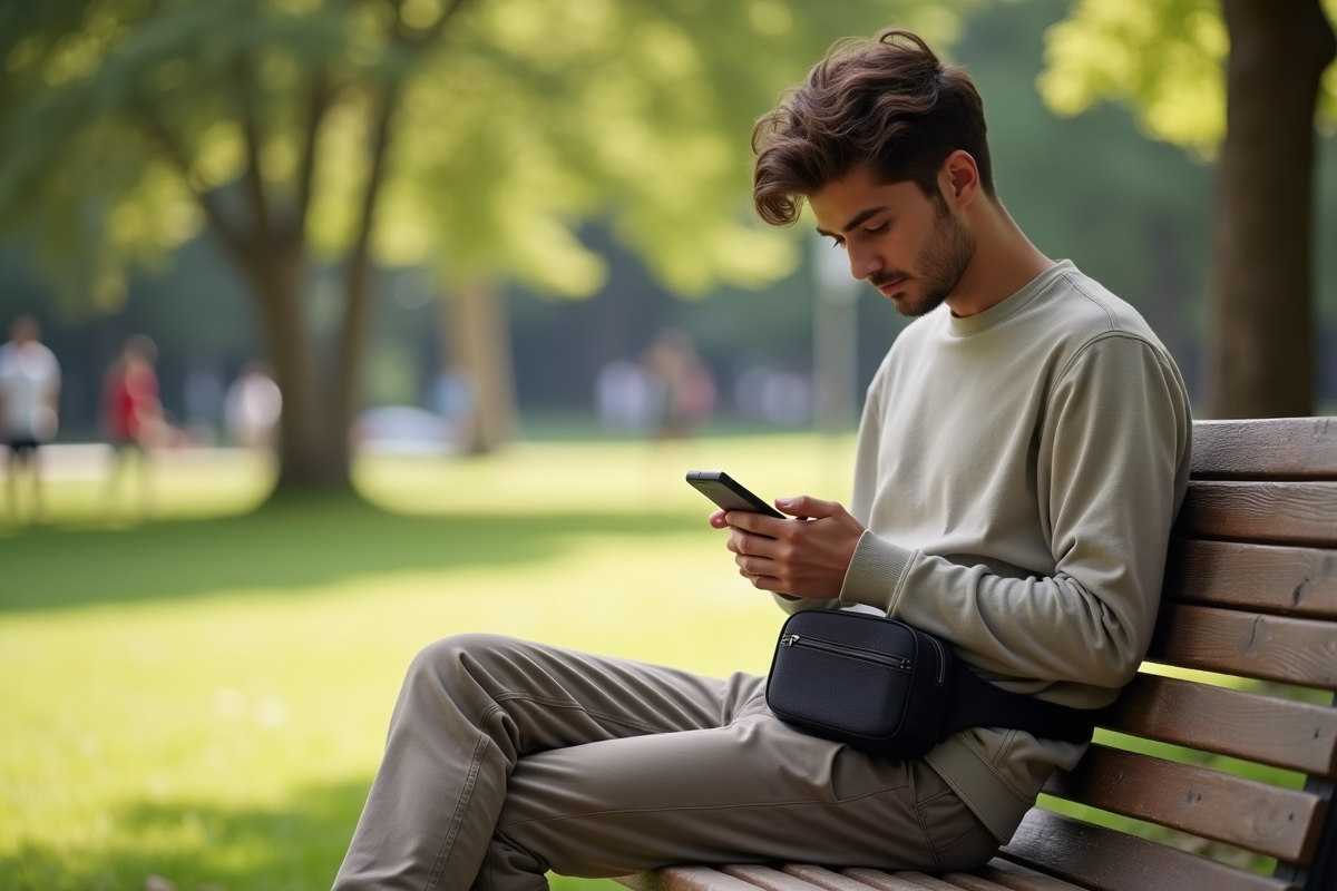 Jeune homme vérifiant son téléphone avec sac croisé dans un parc