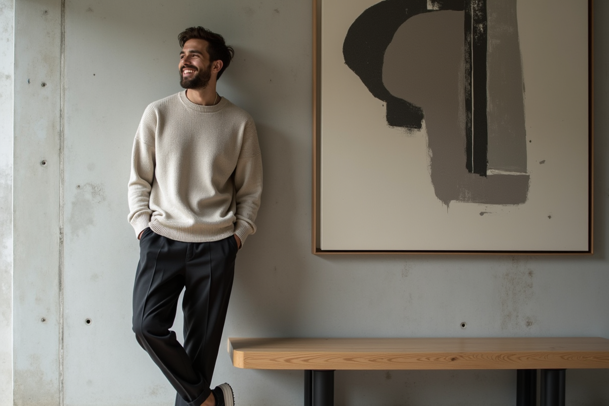 Jeune homme style minimaliste pose près d un mur