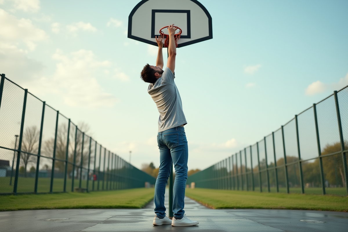 Jeune homme touche le haut du panier de basket