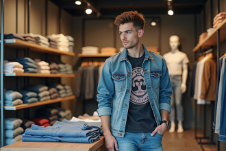 Jeune homme en denim regardant un magasin de vêtements