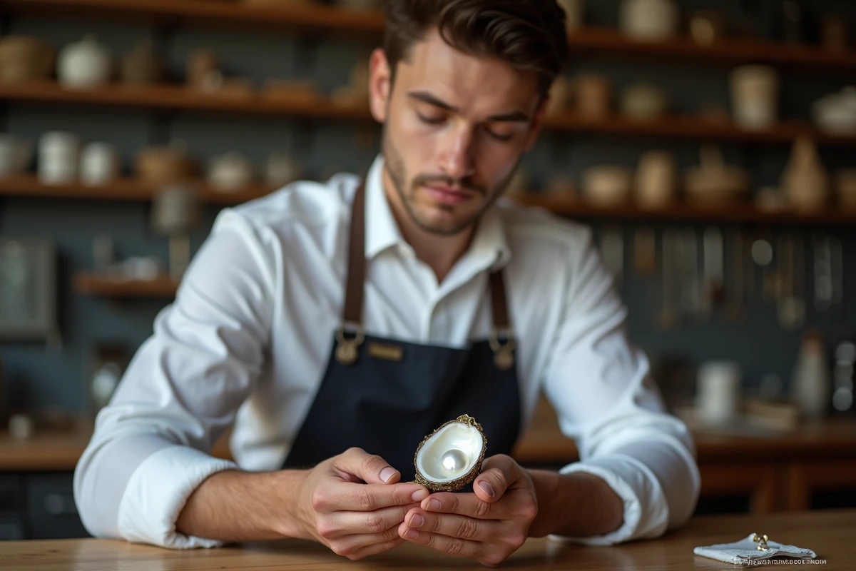 Jeune bijoutier inspectant une perle dans un atelier lumineux