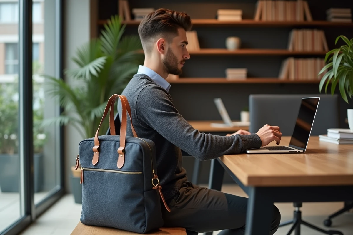 Jeune homme professionnel ouvrant un sac en bureau moderne