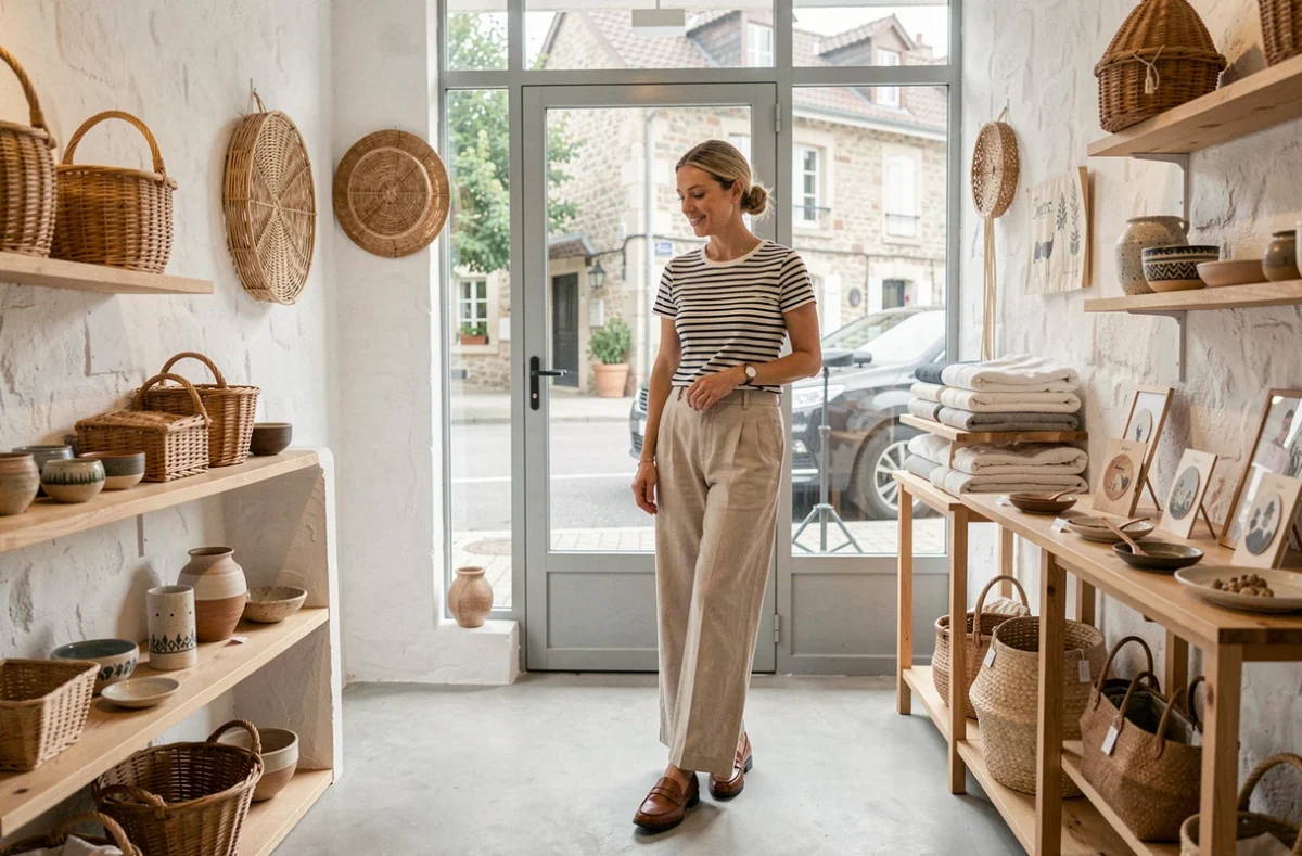 Femme en tenue décontractée-chic dans la boutique La Scarpa mode féminine à Châtel-Guyon