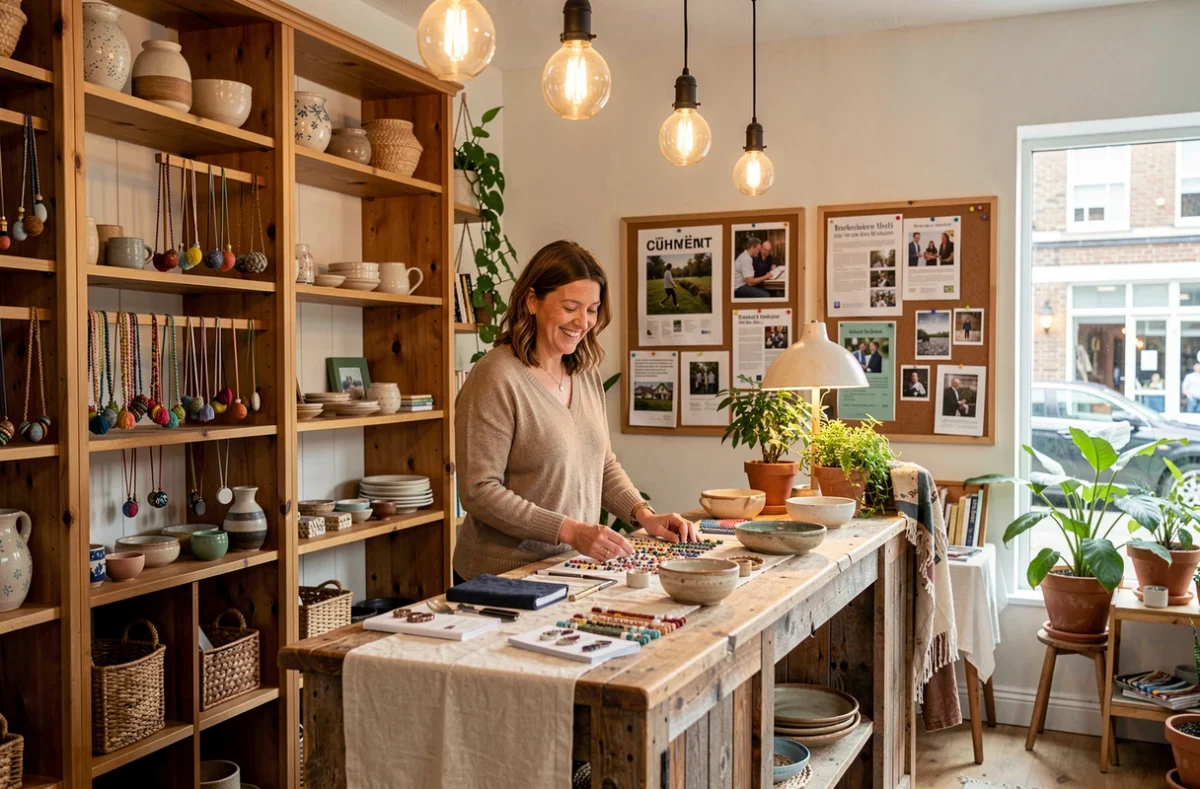 Ambiance chaleureuse de la boutique Les Gens Heureux à Olivet avec créations artisanales locales