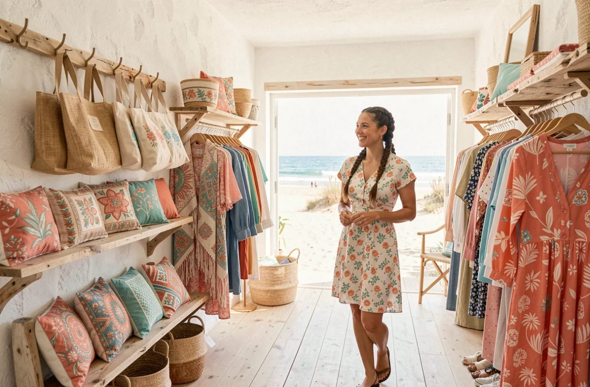 Boutique de créateurs Loopita à Mimizan avec textiles artisanaux et accessoires colorés dans une ambiance balnéaire