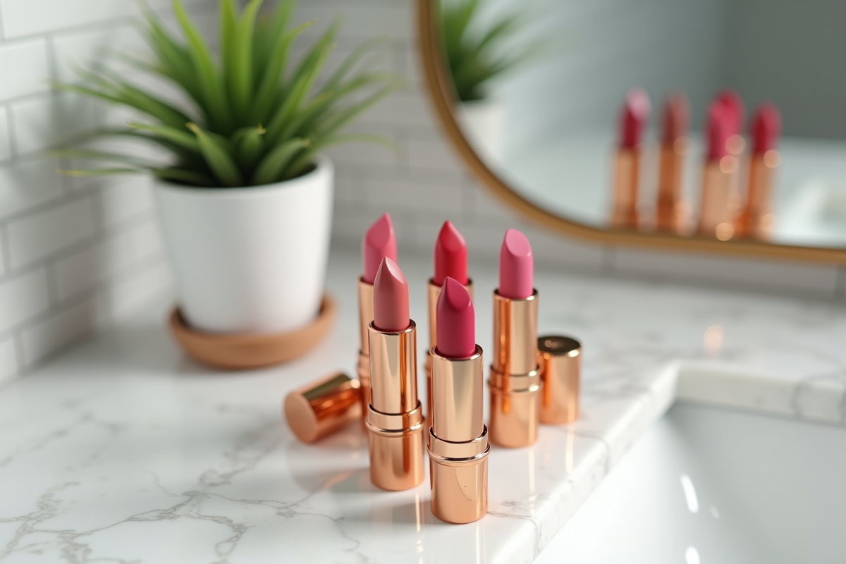 Vaste sélection de lipsticks sur un comptoir en marbre