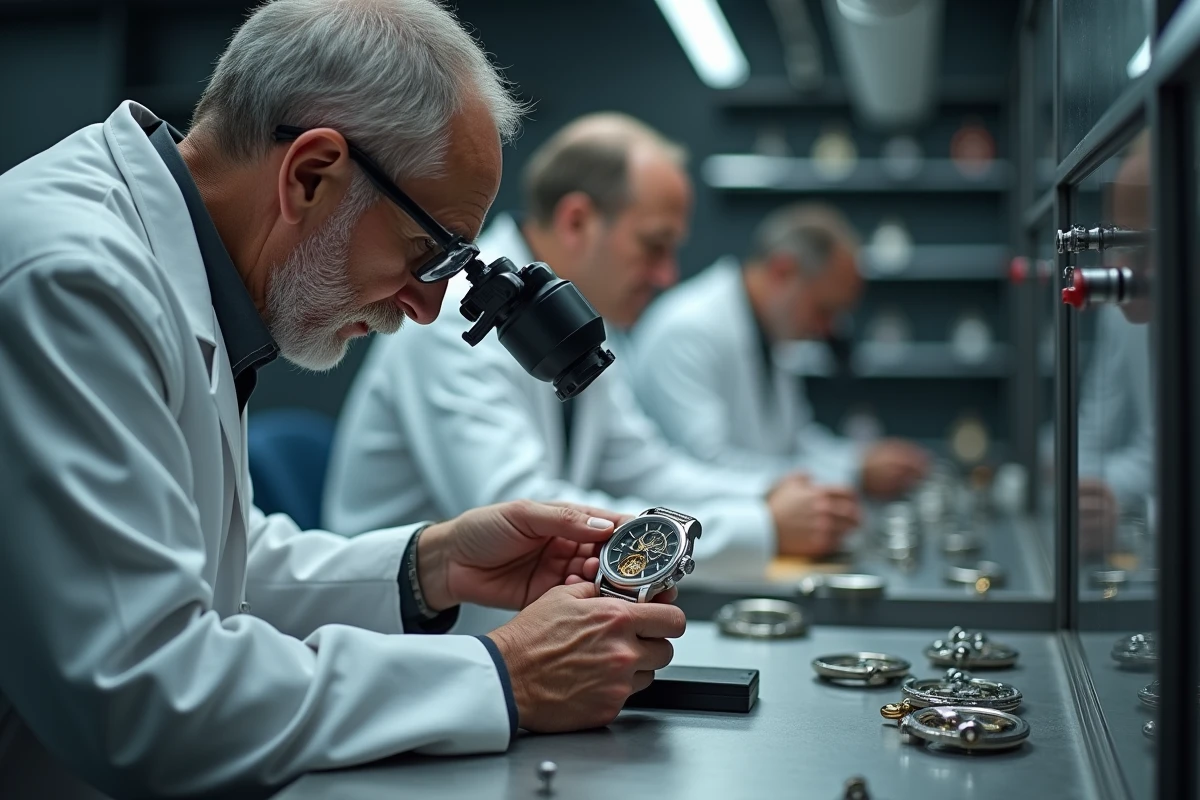 Maître horloger examinant une montre tourbillon rare à cadran squelette dans son atelier professionnel moderne