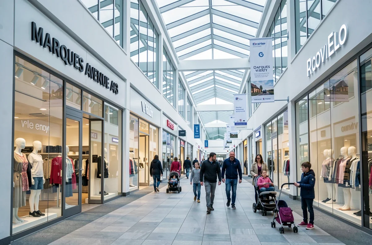 Allée centrale du centre Marques Avenue A13 avec ses enseignes de marques et ses vitrines commerciales modernes