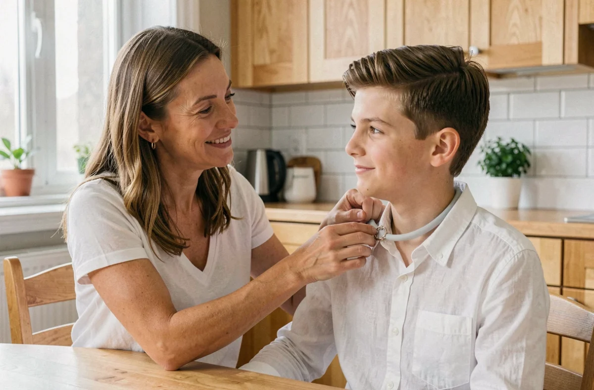 Mère attachant un collier anti-allergie au cou de son fils adolescent dans la cuisine