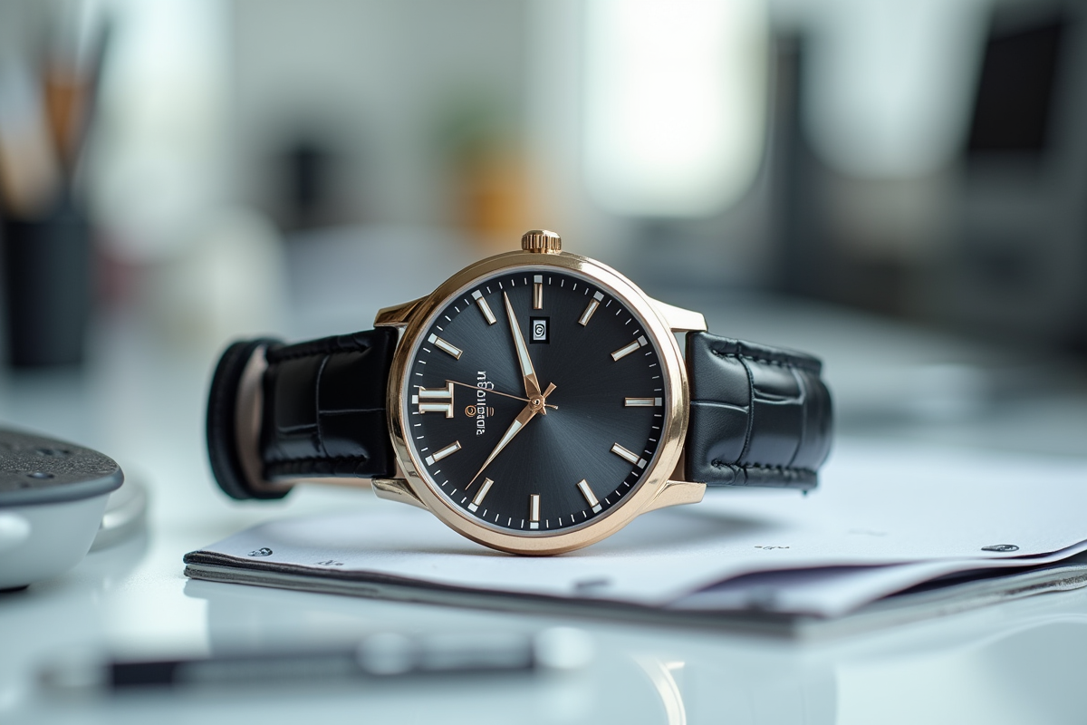 Montre haut de gamme finie posée sur un bureau blanc lumineux